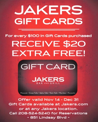 Jakers Gift Cards, Jakers Bar & Grill, Idaho Falls, ID