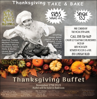 Thanksgiving Take & Bake, The Bee's Knees Pub & Catering Co, Idaho ...